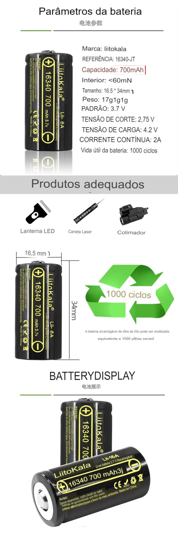 Bateria LiitoKala Recarregável CR123A, CR17345, 16340, 700mAh, 3V - Image 2